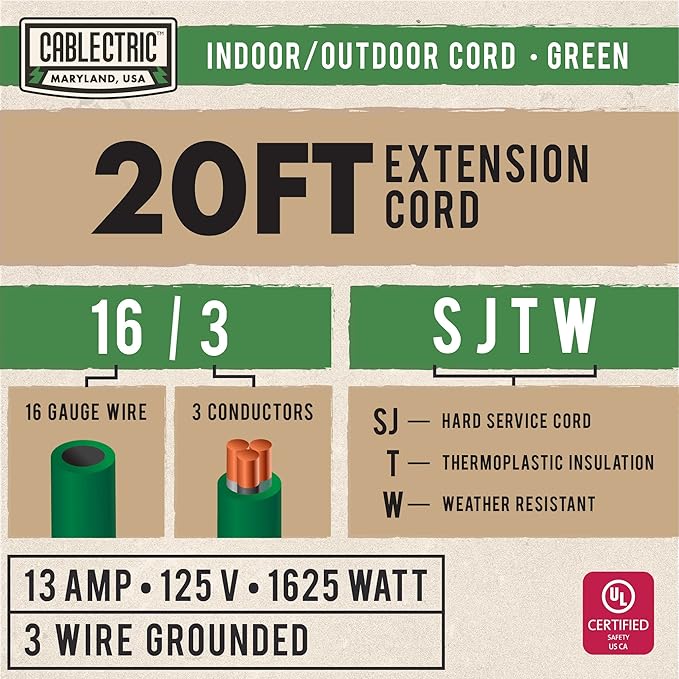 20 Foot Outdoor Extension Cord - 16/3 SJTW Green 16 Gauge Electrical Cable with 3 Prong Grounded Plug - Great for Powering Christmas Lights