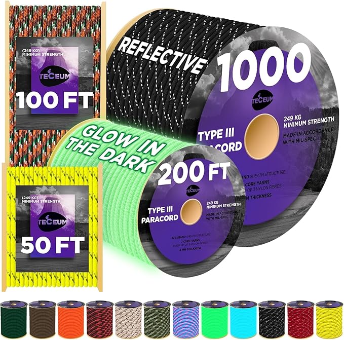 TECEUM Reflective Paracord Rope 1000 – 1000ft/200ft/100ft/50ft – 40+ Colors – Glow in The Dark – para Cord – Utility Rope for Survival, Hunting & Camping Gear – Nylon String, Camping Rope, Tent Cord