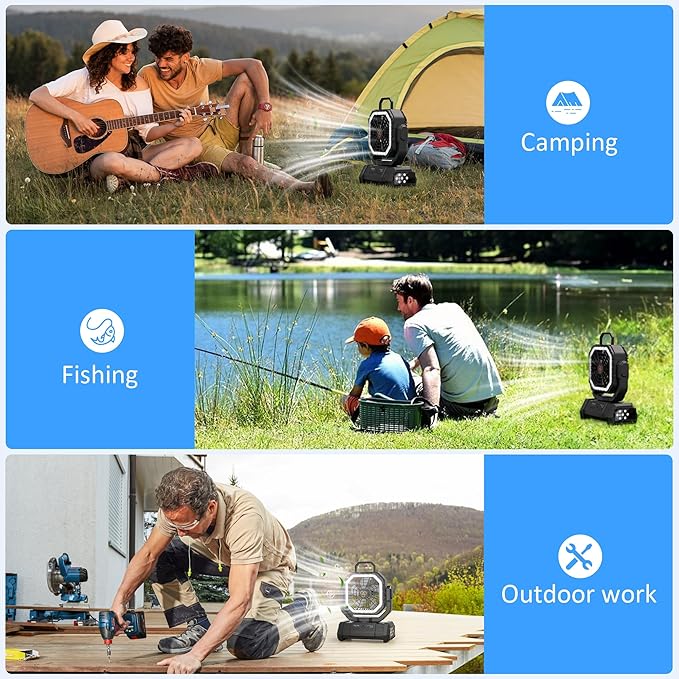 Portable Fan Rechargeable, 20000mAh Cordless Battery Powered Camping Fan with LED Light & Remote, 4 Speeds Wind, Timer, USB C, Hanging Hook, Oscillating Fans for Travel Tent, Camping Essentials