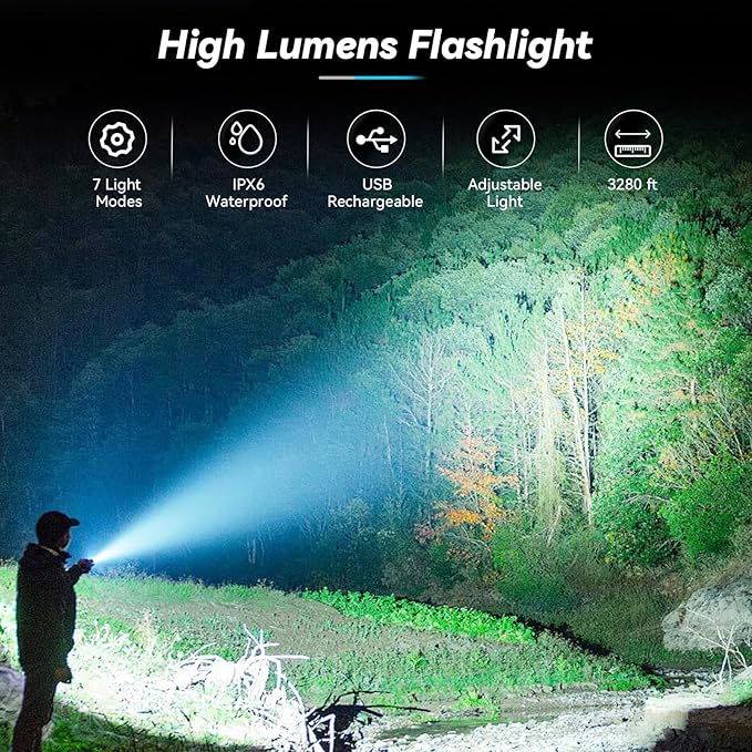 Flashlight Rechargeable Flashlights High Lumens, 99,000 LM Bright LED Flashlight Powered Flash Light, USB Rechargeable Flashlights & Waterproof Handheld Flash lights for Home Camping Hiking(2 Pack)