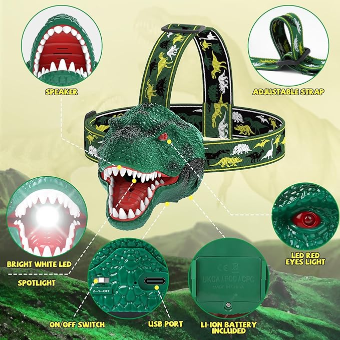 Nitigo Dinosaur Headlamp for Kids Flashlight Rechargeable Led Dino Head Lamp Roar & Silent Mode, T-Rex Dinosaur Toys for Kids 3 4 5 6 7 8, Camping Gear, Easter Gifts for Boys Girls Adults