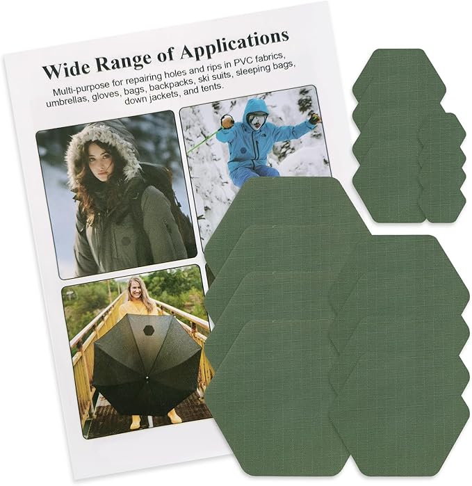 J.CARP 16PCS Nylon Repair Patches, Self Adhesive & Waterproof Patches, Nylon Repair Patches for Down Jacket, Clothing, Holes, Tents, Sleeping Bags, Umbrella, Etc(Green)