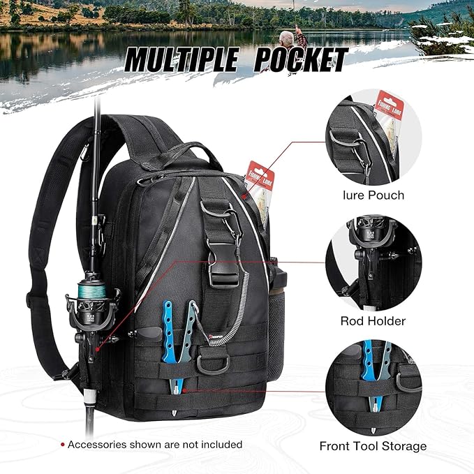 Piscifun Fishing Backpack with Rod Holder, Lightweight Sling Bag Storge Gear and Equipment