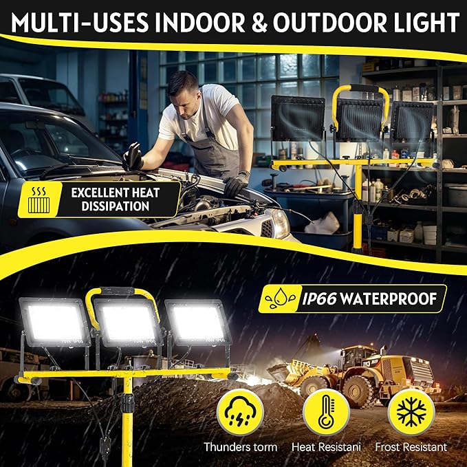 21000 LM LED Work Light with Stand, 3-Head Adjustable Portable Tripod Light with Individual Switches, IP66 Waterproof, 16.4FT Cord for Garage Workshop Job Site Construction Indoor Outdoor Lighting