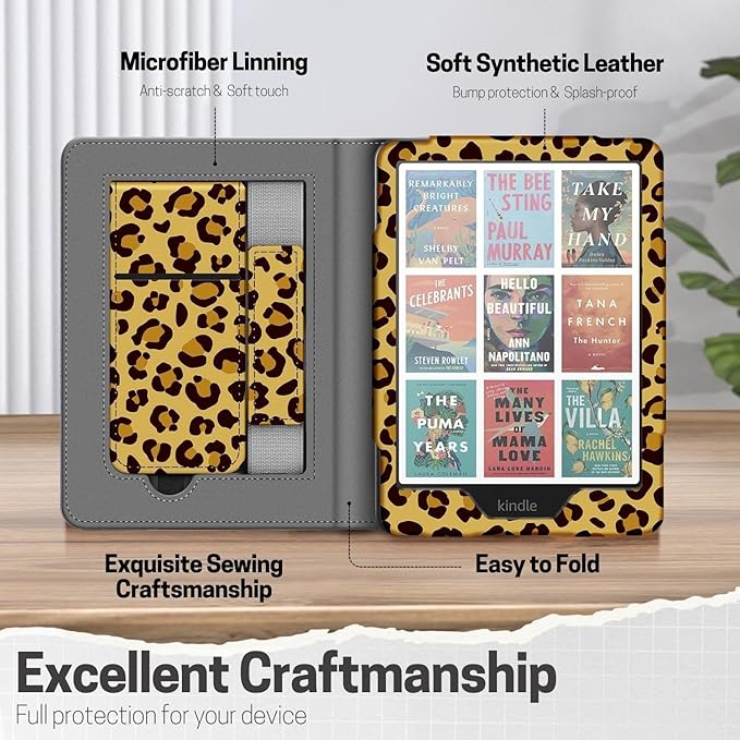 TNP Stand Case for Kindle Paperwhite 12th Generation 2024 / Kindle Colorsoft Signature Edition with Hand Strap & Card Slot - 7" PU Leather Protective Folio Cover with Auto Wake/Sleep, Leopard Yellow