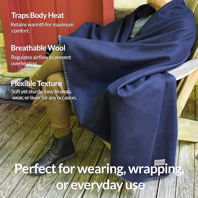 Military Style Wool Blanket – Cushioned, Breathable, Durable, Warm & Washable – Double-Stitched Border–Great for Camping, Outdoor, First Aid, Travel, Car–Fire Retardant – 64"x90" 4.7 lb (Navy Blue)