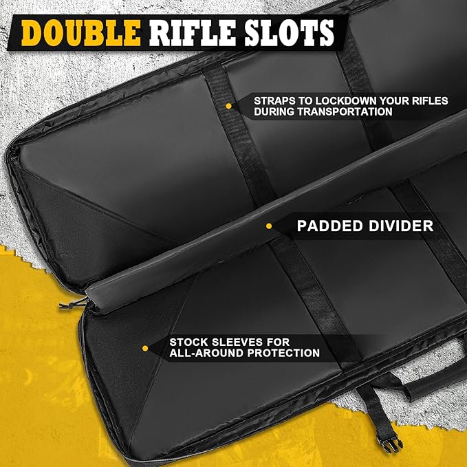 DULCE DOM 36 42 48 Inch Double Rifle Case, Tactical Soft Padded Backpack for Hunting & Shooting Range, Heavy-Duty Storage Gun Bag for 2 Rifles & Pistols with Lockable Zippers & MOLLE System
