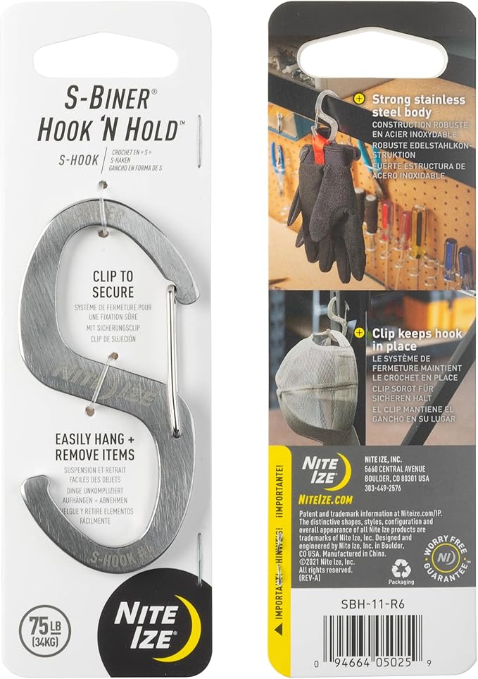 Nite Ize S-Biner Hook 'N Hold S-Hook - Durable Hook for Hanging Equipment & Everyday Use - Multipurpose Stainless Steel S-Hooks with S-Biner Clip - Securely Clip Tools & More - 5 Pack