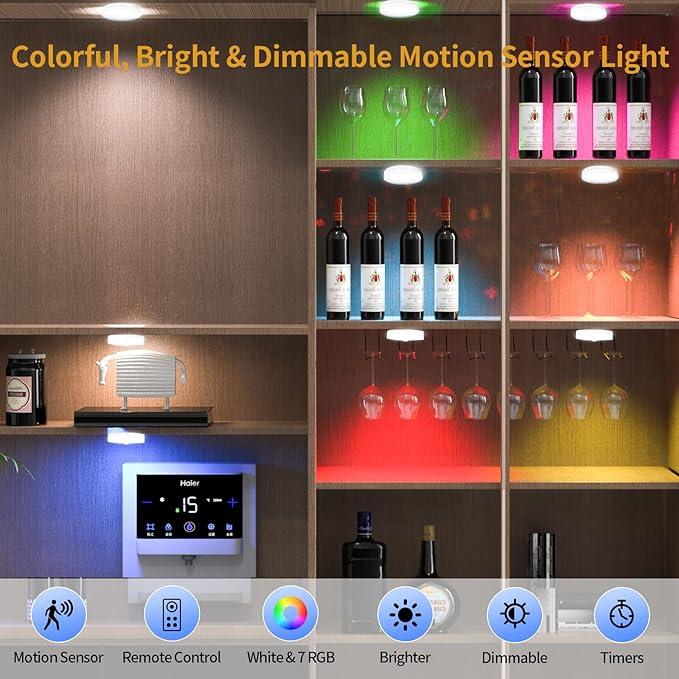 RGB LED Rechargeable Motion Sensor Night Light with Remote, Bright & Dimmable & Long-Lasting Battery, Stick-On Puck Light for Kitchen, Cabinet, Closet, Stairs - Warm & RGB, 2Pack