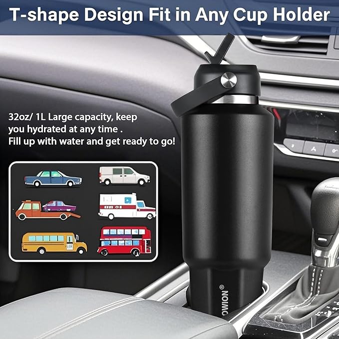 HYDROWION 32 oz Insulated Water Bottle, Car Water Bottle Holder - Double Wall Vacuum Insulated Travel Bottle with Straw Lid, Spout Lid and Flex Cap - Cold for 24H, Hot for 12H, Black