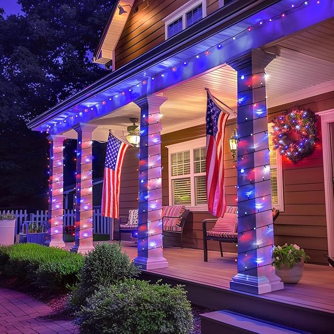 JMEXSUSS 2 Pack Red White and Blue Solar Lights, 200LED 75.5ft Patriot Solar String Lights Outdoor Waterproof, 8 Modes 4th of July Light for Independence Day Patio Garden Tree Decorations