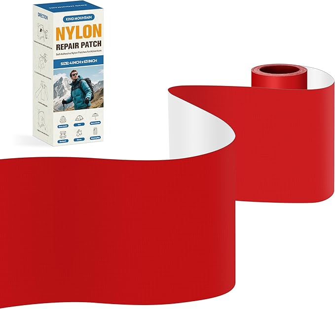KING MOUNTAIN Self Adhesive Nylon Fabric Repair Tape, 4×63 Inches, Quick Down Jacket Repair Patch, Waterproof Outdoor Gear Patch Kit for Tent,Backpacks,Umbrella, Gloves, Sleeping Bag (Red)