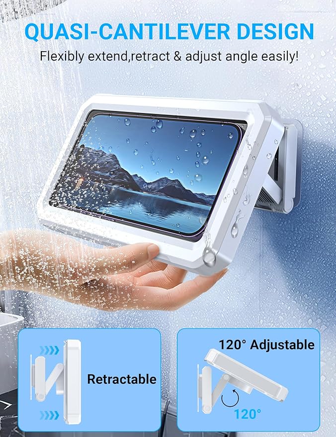 Coolpow Shower Phone Holder Waterproof【480°Rotatable】Retractable Adjustable Shower Phone Case Shower Stall Accessories for Bathroom Wall Phone Mount Stand Water Proof Anti Fog Case for 4-7"Cellphones