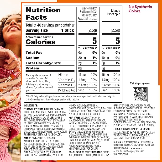 Dunkin’ Refreshers Singles To Go! Powdered Drink Mix, 40 Ct Variety Pack, 40 Single-Serve Packets, Energy from Green Tea, Aspartame-Free, No Synthetic Colors, Naturally and Artificially Flavored, Just Add Water