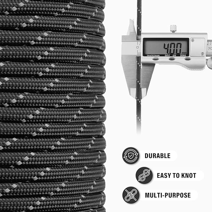 Reflective Paracord Rope 750 lb - 100ft 5/32" Parachute Cord 4MM 12-Strand para Cord - Heavy Duty Spool String for Survival,Camping Gear, Survival Bracelet, Clothesline - Black