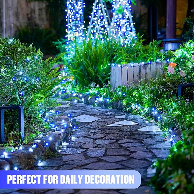 JMEXSUSS 2 Pack Solar String Lights Outdoor Waterproof, Total 400 LED 151FT Solar Christmas Lights Outdoor, 8 Modes Christmas Light for Outside Patio Yard Tree Decorations, White and Blue