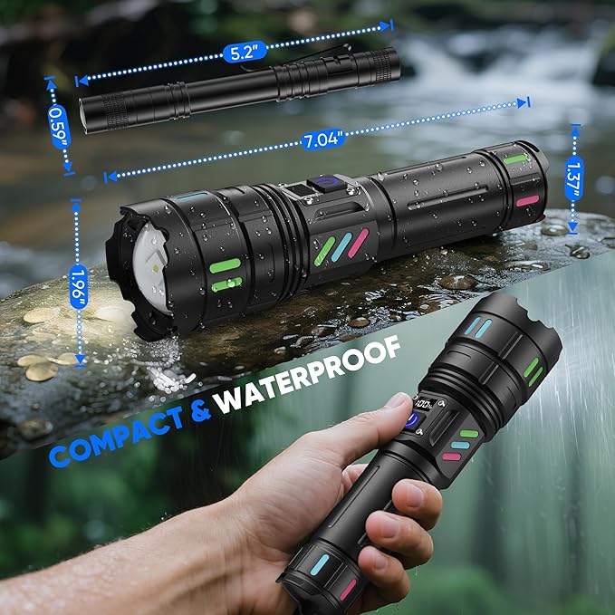 Rechargeable Flashlights High Lumens 100000 Long Distance, Single Click 3 Modes, Super Bright LED Flashlight USB C Long Lasting 15H, Powerful Strong Flash Light for Security Hiking Camping