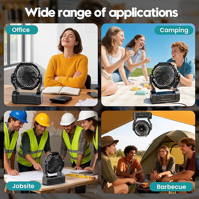 XZK Camping Fan, 20000mAh Rechargeable Battery Powered Fan with LED Lantern, Cordless Portable Tent Fan with Hanging Hook, 4 Speeds 2 Brightness Levels for Home Desk Outdoor - Black