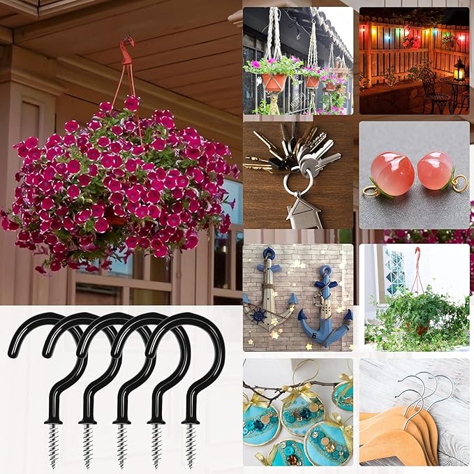 Cup Screw Hooks,3/4 inch Vinyl Coated Ceiling Hooks,160 Pack Screw in Plant Hanger Hooks,Wind Chimes Hook Kitchen Cup Hook Great for Hanging Indoor & Outdoor Use(Black)