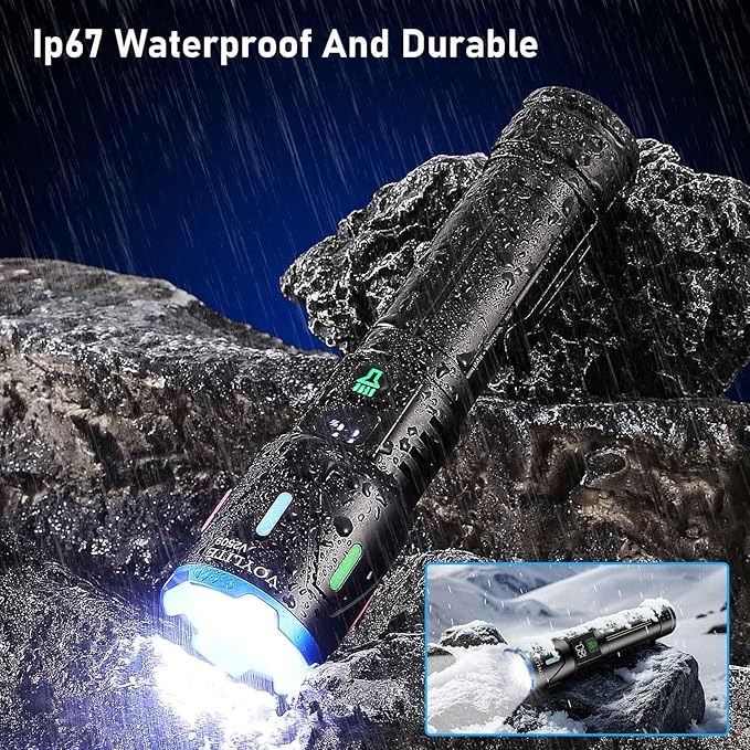 Flashlights High Lumens Rechargeable 5000mAh with LCD Power Display, Super Bright 100000 Lumen Flashlight, IPX7 Waterproof, 3 Modes & Zoomable (1500m), Belt Clip for Camping, Hiking, Emergency