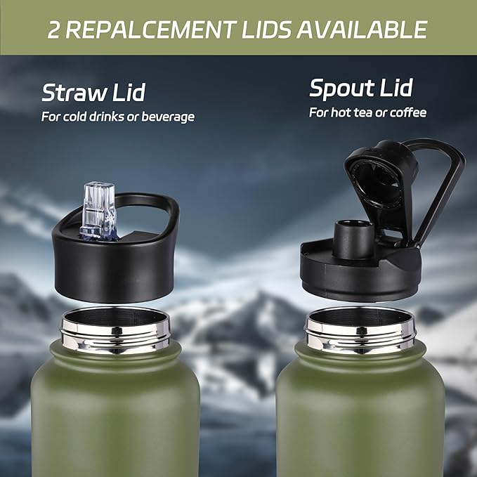 HASLE OUTFITTERS 32 oz Insulated Water Bottle Stainless Steel Double Walled Vacuum Sports Water Bottle with 2 Lids (Straw and Spout Lid) for Gym Camping Hiking(Army Green,8)