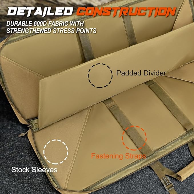 DULCE DOM 36 42 48 Inch Double Rifle Case, Tactical Soft Padded Backpack for Hunting & Shooting Range, Heavy-Duty Storage Gun Bag for 2 Rifles & Pistols with Lockable Zippers & MOLLE System