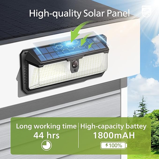 Philips Solar Lights Motion Sensor Outdoor, 258 LEDs Solar Powered Security Lights, 3 Lighting Modes, Waterproof Wall Light for Outside Yard Fence Garden Garage