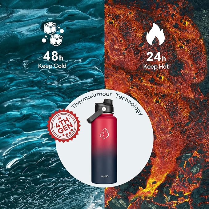 BUZIO 40oz Insulated Water Bottle, Triple Wall Vacuum Stainless Steel Water Flask with 2 lids, Leakproof BPA-Free Straw Lid Sports Canteen Jug, Cold 48H & Hot 24H- Ruby Red Navy