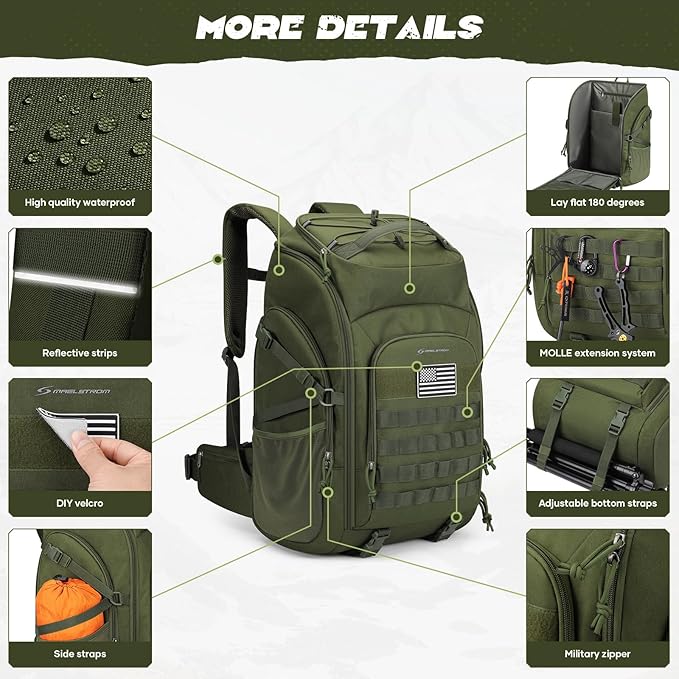 Maelstrom Tactical Backpack for Men, Water Resistant 40L Military Backpack, for Hiking, Camping, Gym with Molle System (Army Green)