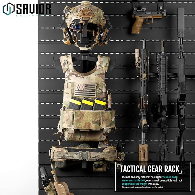 Savior Equipment Wall Rack System H.A.B Attachment Tactical Gear Wall Mount Organizer, Military Helmet Vest Belt Display Rack Plate Carrier Hanger, Heavy-Duty Steel Construction Hold Up to 80 lbs