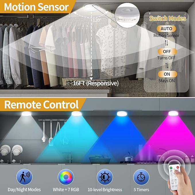 RGB LED Rechargeable Motion Sensor Night Light with Remote, Bright & Dimmable & Long-Lasting Battery, Stick-On Puck Light for Kitchen, Cabinet, Closet, Stairs - Warm & RGB, 2Pack