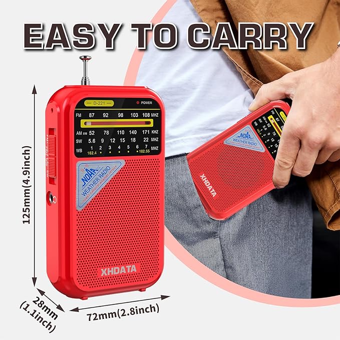 XHDATA D221 NOAA Weather Radio Portable AM FM Shortwave Radio Receiver, 2AA Battery Operated, Transistor Radio with Excellent Reception for Emergency, Hurricane, Gift, Walking and Home (Red)