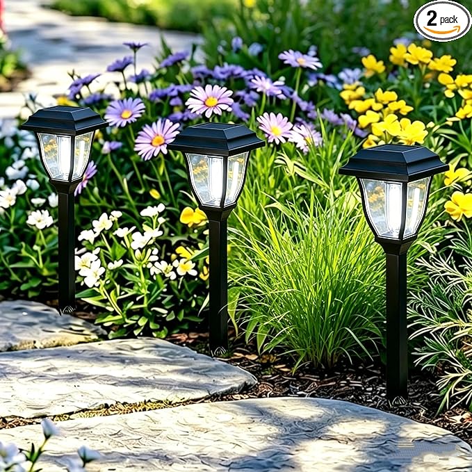 Solar Pathway Lights 2 Pack Mini Outdoor 3000K Bright Auto On/Off Solar Garden Lights Long Lasting Solar Powered Landscape Light for Path Yard Walkway Lawn Driveway Decor Lighting - Cool White