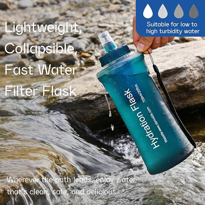 GUYI 1.0L Collapsible Water Filter Bottle, Removes Impurities, BPA Free, Ultralight for Hiking, Camping, Cycling & Travel-Dusty Blue