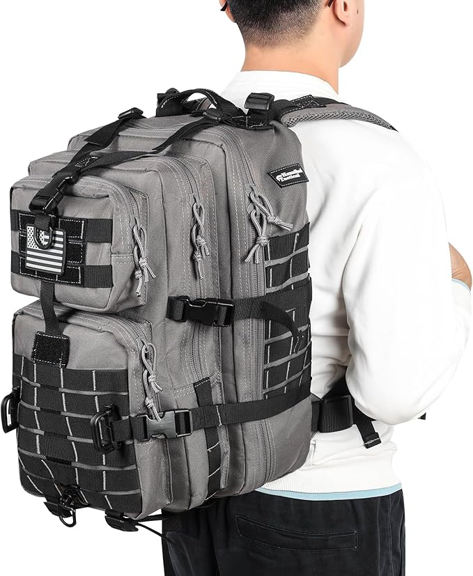 Hannibal Tactical MOLLE Assault Backpack, Tactical Backpack Military Army Camping Rucksack, 3-Day Pack Trip w/USA Flag Patch, D-Rings Grey and Black