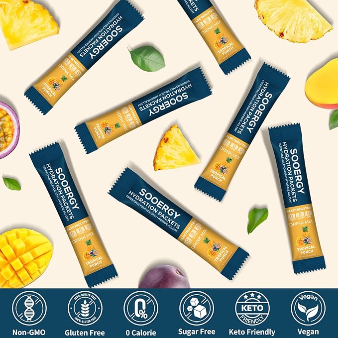Electrolytes Powder Packets Sugar Free Hydration Packets, Liquid Daily IV Electrolyte Drink Mix for Rehydration with Electrolytes, Vitamins, 0 Calorie, Tropical Punch Flavor 20 Sticks