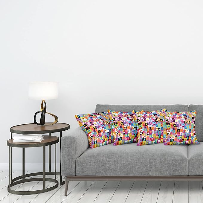 Ambesonne Abstract Throw Pillow Cushion Case Pack of 4, Colored Alphabet Letters Pattern Game Graphic Print, Modern Accent Double-Sided Digital Printing, 18", Multicolor