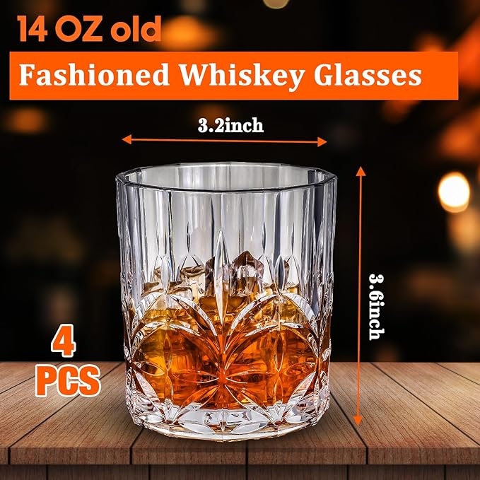 4 Sets Plastic Whiskey Glasses 14 oz Unbreakable Whiskey Drinking Glasses Old Fashioned Cocktail Cups Plastic Water Tumblers Clear Wine Cup Shatterproof Short Tumbler for Indoor Outdoor