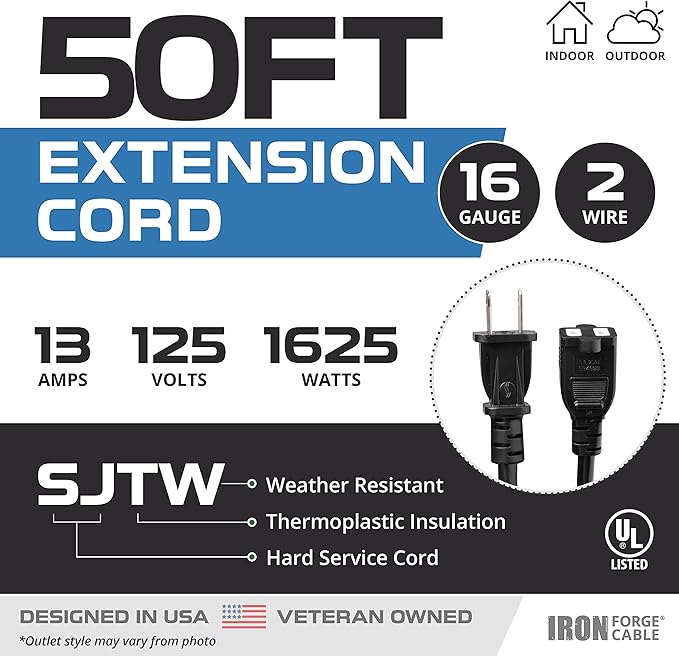 Iron Forge Cable 50 Ft Black Extension Cord, 16/2, 50 Foot Extension Cord with 2 Prong Polarized Plug, Weatherproof - Great for Outdoor & Indoor Use