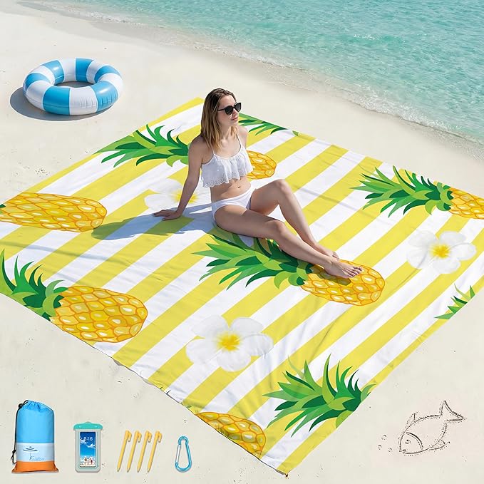Famstar Beach Blanket Oversized Extra Large78 X 81",Waterproof Sandproof Beach Blanket 1-7 Adults Lightweight Durable for Travel Camping Hiking Picnic