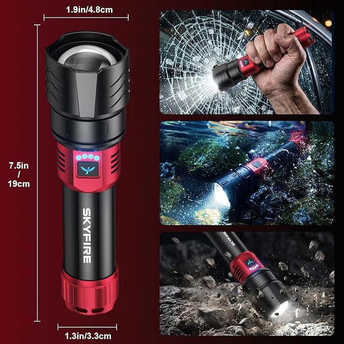 SKYFIRE Bright Flashlight with Ignition Lens&Yellow/Blue Light,3000lm Super Bright Rechargeable Flashlights High Lumens,Zoomable,Waterproof Tactical Flashlight for Camping,Outdoor &Gifts