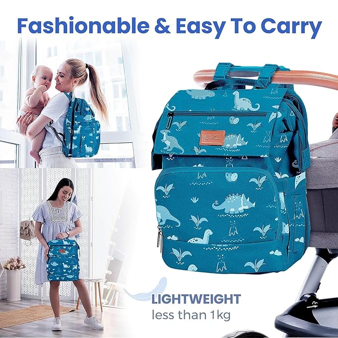 PILLANI Baby Diaper Bag Backpack - Large Waterproof Travel Diaper Bag for Boys & Girls, 16 Organizer Pockets with Changing Pad, Insulated Bottle Pockets & Stroller Straps, Baby Shower Gifts, Dinosaur