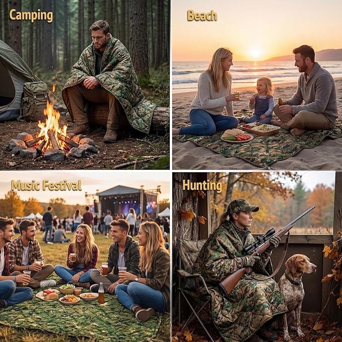 Insulated Camping Blanket | Military Poncho Liner for Hiking Backpacking Travel Hunting & Survival Gear, Water Resistant Outdoor Blanket with Lightweight & Packable Compression Bag (Camo)