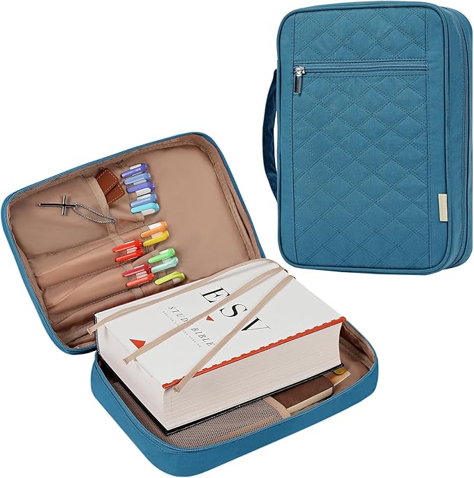 FINDCOZY Bible Cover for Women, Durable Carrying Book Case Church Bag for Biblical Accessories with Handle and Zippered Pocket,Lake-Blue