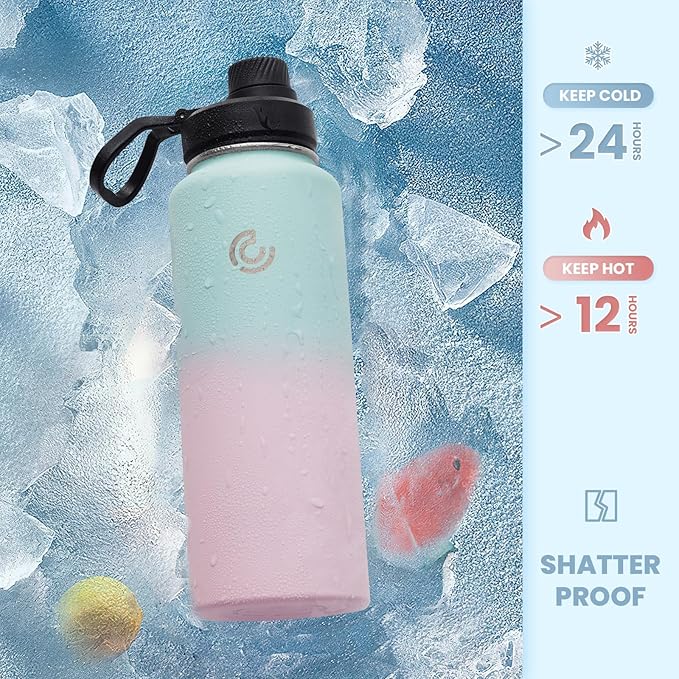 Sports Water Bottle 32oz, Insulated Water Bottle with Handle,Stainless Steel,Simple Modern,Suitable for Travel, School, Boy, Girl(Bubble Gum)