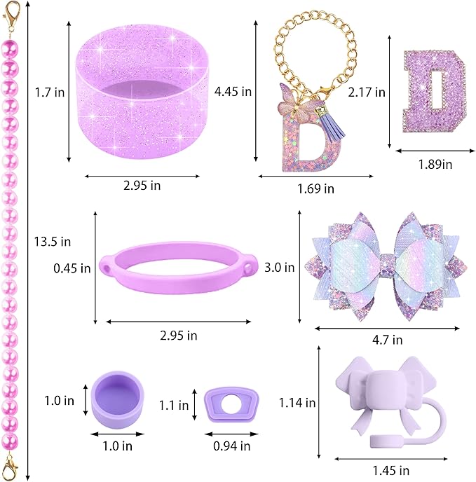 9PCS Purple for Stanley Cup Accessories Set Bling Initials Bow Charms for Stanley Decorations 30/40 Oz Tumbler Accessories Including Bow Straw Topper, Handle Strap, Spill Stopper（Letter D）