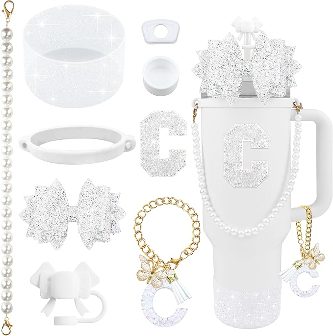 9PCS White for Stanley Cup Accessories Set Bling Initials Bow Charms for Stanley Decorations 30/40 Oz Tumbler Accessories Including Bow Straw Topper, Handle Strap, Spill Stopper（Letter C）