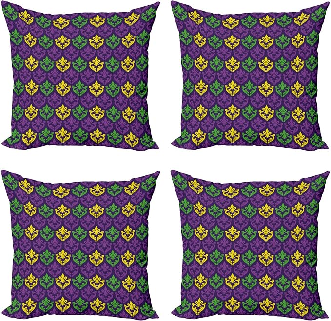 Ambesonne Mardi Gras Decorative Throw Pillow Case Pack of 4, Antique Old Fashioned Motifs in Mardi Gras Holiday Colors Tile Pattern, Cushion Cover for Couch Living Room Car, 24", Yellow Purple