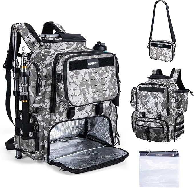 Goture Fishing Backpack, 58L 900D Water-Resistant Insulated Tackle Backpack with Cooler, Rod Holders, 8 Lure Pockets, Detachable Crossbody Bag, Gear Storage Large Fishing Bag for Camping Hiking