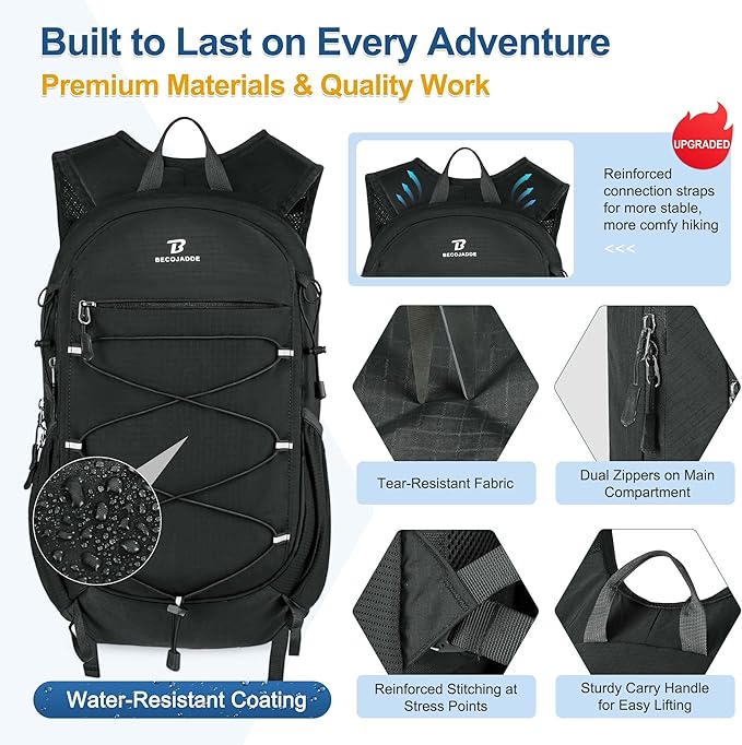BECOJADDE Hiking Backpack 20L Small Backpack Packable Day pack Water Resistant Lightweight Travel Backpack for Women Men with Shoulder Strap Pockets for Hiking Camping Outdoor, Black
